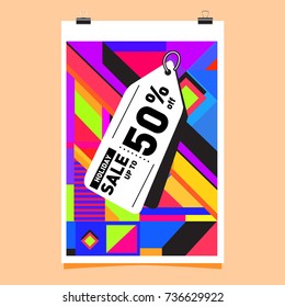 Holiday sale memphis style web banner. Fashion and travel discount poster. Vector Abstract colorful illustration with special offer and promotion.