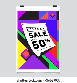 Holiday sale memphis style web banner. Fashion and travel discount poster. Vector Abstract colorful illustration with special offer and promotion.