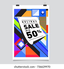 Holiday sale memphis style web banner. Fashion and travel discount poster. Vector Abstract colorful illustration with special offer and promotion.