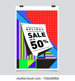 Holiday sale memphis style web banner. Fashion and travel discount poster. Vector Abstract colorful illustration with special offer and promotion.