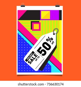 Holiday sale memphis style web banner. Fashion and travel discount poster. Vector Abstract colorful illustration with special offer and promotion.