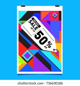 Holiday sale memphis style web banner. Fashion and travel discount poster. Vector Abstract colorful illustration with special offer and promotion.