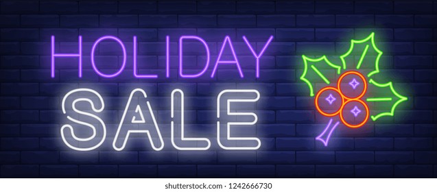 Holiday sale neon text with mistletoe leaves and berries. Christmas shopping advertisement design. Night bright neon sign, colorful billboard, light banner. Vector illustration in neon style.