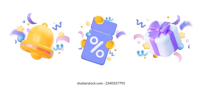 Holiday sale. For the new year, for birthday. A set of bell icons with a coupon, 3d gifts box and confetti. 3d vector illustration. Holiday decoration elements.
