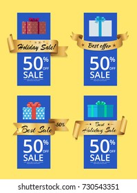 Holiday sale posters set with 50 % discount gold label ribbon and gift boxes isolated on yellow. Promotional elements, decorative tape with text vector