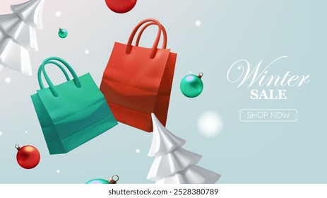 Holiday sale promotion featuring a red shopping bag with "SALE" text, surrounded by minimalistic white trees and golden ornaments.
