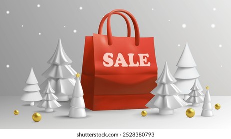 Holiday sale promotion featuring a red shopping bag with "SALE" text, surrounded by minimalistic white trees and golden ornaments.