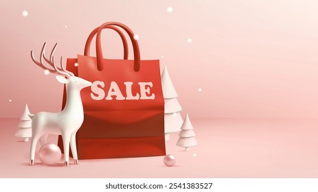 Festiva sale promotion con un bolso de compras rojo con el texto "SALE", rodeado de árboles blancos minimalistas y adornos dorados.