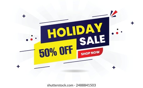 Holiday sale shop now 50% off banner template design with white background, blue, yellow, and red shapes, perfect for festive promotions and discounts.