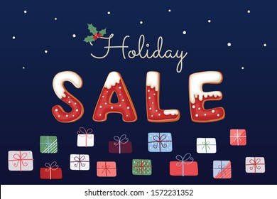 Holiday Sale vector banner with gingerbread cookies, snow, gift boxes and holly on dark blue background.Red gingerbread cookies with snow. Happy new year symbol.Holiday shopping.