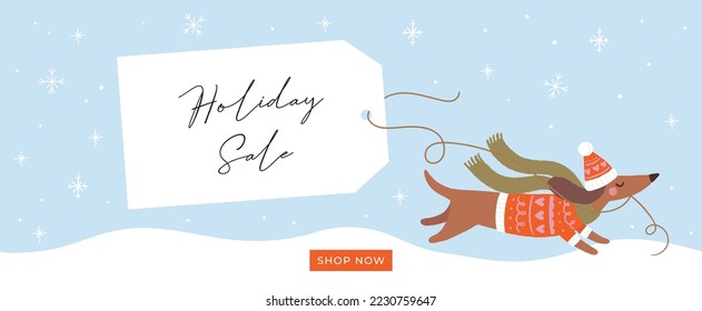 Holiday Sale Vector Design With Cute Dachshund In Red Knitted Sweater And Long Green Scarf Dashing Through The Snow With Big Sale Tag. Template Banner Ideal For Social Media Posts, Cards, Vouchers.