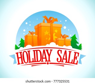 Holiday sale vector poster, vintage style illustration with gift boxes