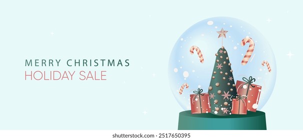 Holiday sale web banner. Merry Christmas template with glass snow ball, green Xmas tree, red gift boxes, candy. Vector illustration.