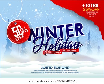 Holiday sale, winter sale Christmas, new year, banner. Poster, background, flyer, invitation card, template design with winter elements