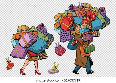 Holiday sales, a couple man and woman with shopping, pop art retro vector illustration. The background to simulate transparency