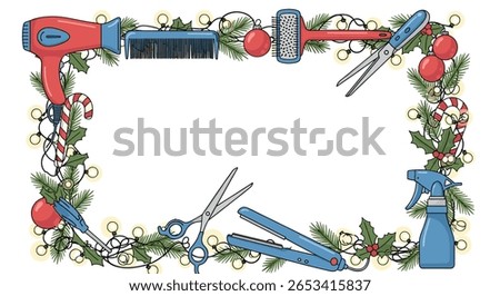 Holiday salon decor featuring styling tools and festive garland for festive hair styling and beauty