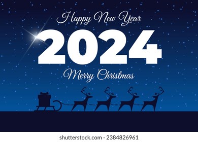 Holiday Santa Claus deer with gift on sleigh invitation greeting card. Merry Christmas and New Year 2024 lettering with bright bethlehem star calendar cover. Xmas magic night vector eps Illustration