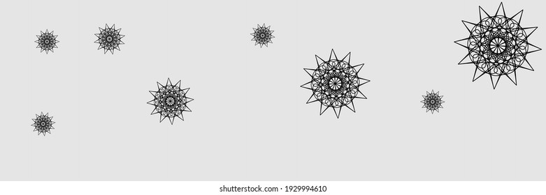 Holiday Santa Stars Night Mandala Illustration. New Year Winter Print Chaotic Wallpaper. Black Snowflakes Grey Silver Snow Pattern. Dark Chaotic Horizontal Christmas Ornamental Sky Wallpaper.