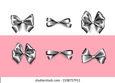 Holiday satin bow. Color eve satin Christmas gift bow knot ribbon. Birthday realistic design isolated vector. Silk shiny xmas bow textile sale tape. Satin bow set for gift. Silk metal tape.