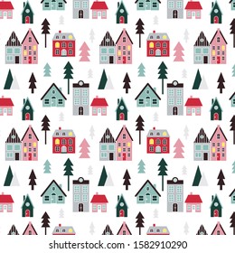 Holiday scandinavian style seamless pattern. Xmas trees and traditional houses in festive colors for greeting cards, fabric or wrapping paper