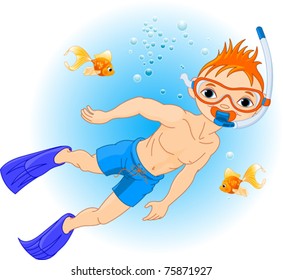 Holiday with Scuba Diving. Boy swimming under water