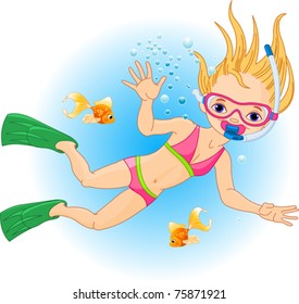 Vacaciones con buceo Scuba. Niña nadando bajo el agua