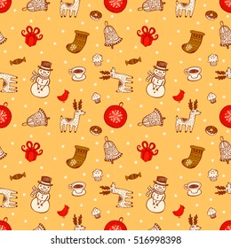 Holiday seamless background with christmas traditional symbols