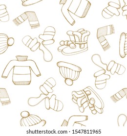 Holiday seamless background with different Christmas clothes. Gold on white background. Wrapping paper. Vector Christmas texture with carnival accessories. Vector