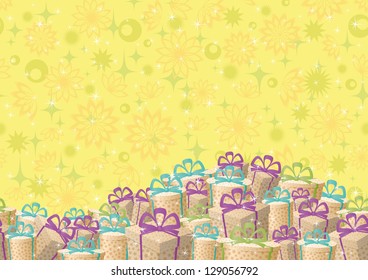 Holiday seamless background, festive gift boxes and floral pattern. Vector