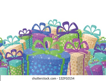 Holiday seamless background, festive gift boxes and star. Vector