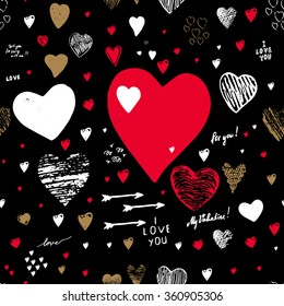 Holiday seamless background with hearts greeting card with hand-drawn hearts in Doodle style sketch art. Graffiti with hearts and inscriptions: "happy Valentine's Day", "I love you", "My Valentine".
