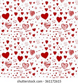 Holiday seamless background with hearts greeting card with hand-drawn hearts in Doodle style sketch art. Graffiti with hearts and inscriptions: "happy Valentine's Day", "I love you", "My Valentine".