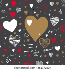 Holiday seamless background with hearts greeting card with hand-drawn hearts in Doodle style sketch art. Graffiti with hearts and inscriptions: "happy Valentine's Day", "I love you", "My Valentine".