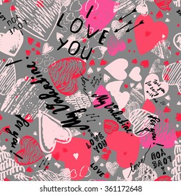 Holiday seamless background with hearts greeting card with hand-drawn hearts in Doodle style sketch art. Graffiti with hearts and inscriptions: "happy Valentine's Day", "I love you", "My Valentine".