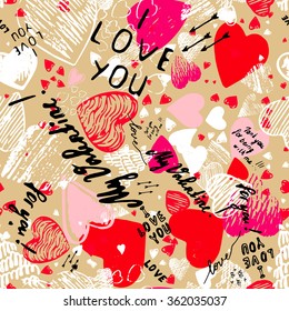 Holiday seamless background with hearts greeting card with hand-drawn hearts in Doodle style sketch art. Graffiti with hearts and inscriptions: "happy Valentine's Day", "I love you", "My Valentine".