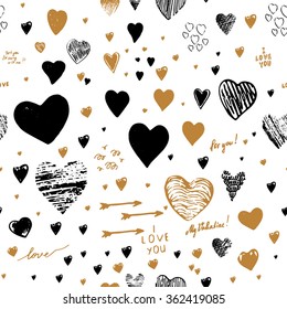 Holiday seamless background with hearts greeting card with hand-drawn hearts in Doodle style sketch art. Graffiti with hearts and inscriptions: "happy Valentine's Day", "I love you", "My Valentine".