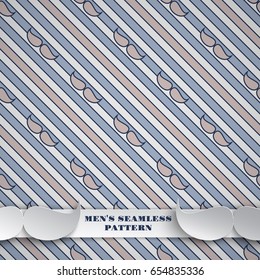 Holiday seamless blue and beige pattern, fashion hipster background with strips and mustaches for fathers day or men's event greeting card, banner or poster. Vector illustration