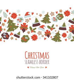 Holiday seamless border with fir tree,  gingerbread, cones, berries, speech clouds and other objects. Vector pattern for your Christmas and New Year cards design.