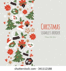 Holiday seamless border with fir tree,  gingerbread, cones, berries, speech clouds and other objects. Vector pattern for your Christmas and New Year cards design.