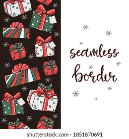 Holiday seamless border with gift boxes. Christmas and new year. Vector background.