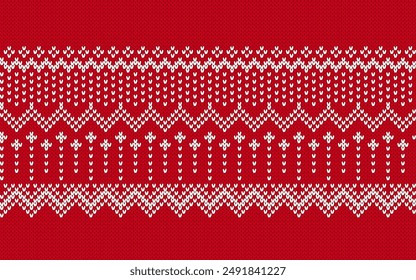 Holiday seamless geometric pattern. Xmas knitted red sweater print. Christmas knit ornament. Fair isle traditional texture. Vector.