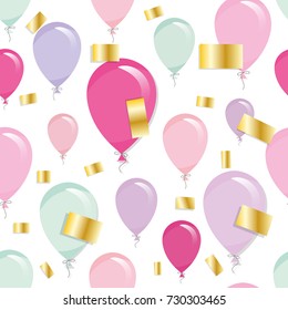 Holiday seamless pattern background with balloons and gold confetti.