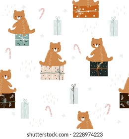Holiday seamless pattern with bear and gift boxes. Winter cute print. Vector hand drawn illustration.