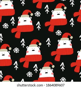 holiday seamless pattern with bear, trees, snowflakes, decor elements on neutral background. Merry Christmas. Colorful vector, flat style. design for fabric, print, wrapper