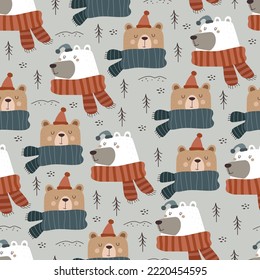 holiday seamless pattern with bear, trees, decor elements on neutral background. Merry Christmas. Colorful vector, flat style. design for fabric, print, wrapper.