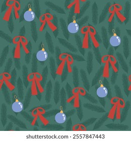 Holiday seamless pattern with bows, bolls and brunches. Vector hand drawn illustration.