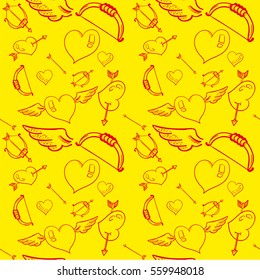 Holiday Seamless Pattern with Bows and Hearts and Arrows on Yellow Background