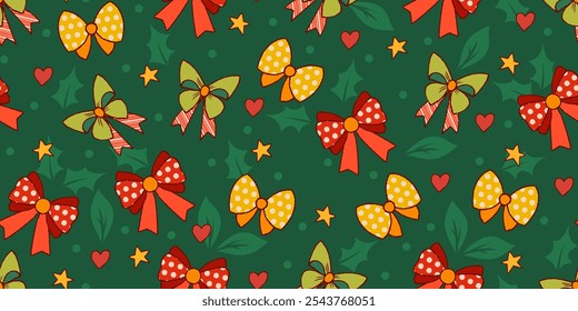 Holiday Seamless Pattern with Bows, Ribbons, Stars, and Leaves on Green Background. Christmas trendy holiday pattern perfect for wrapping paper, web, print, fashion, cards. 