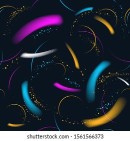 Holiday seamless pattern with bright golden, violet, blue sparkles and dots on black background. Shining vector illustration for greeting card, ad, business, wrapping paper, textile. Space with stars