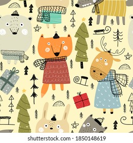 holiday seamless pattern with cartoon animals, trees, decoration elements on a neutral background. colorful vector for kids, flat style. hand drawing. Baby design for fabric, textile, print, wrapper.